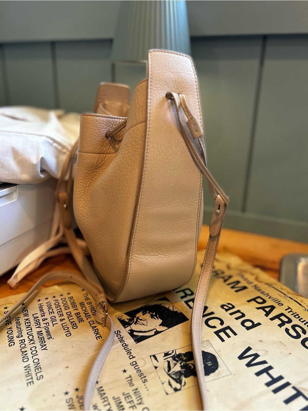The Row Pebbled Leather Drawstring Bucket Bag Taupe Greige Crossbody VGUC - Picture 5 of 14